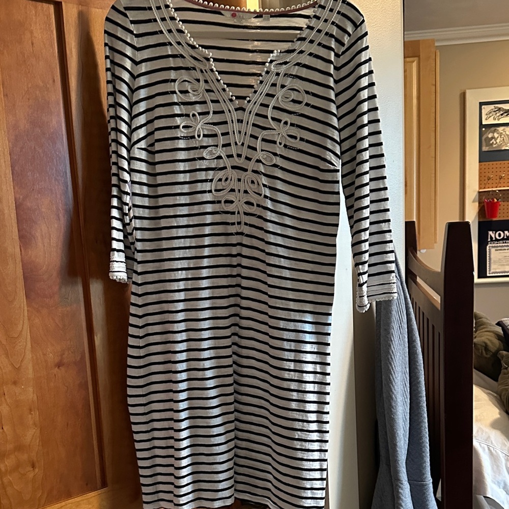 BODEN  Striped navy  and White Dress with Embroidered Detail